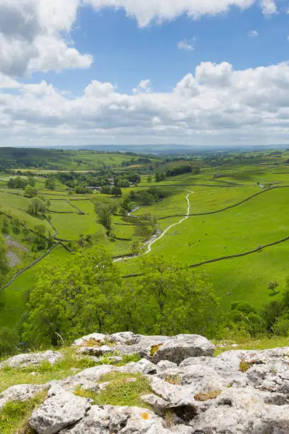 Malham Cove view from the top Yorkshire Dales National Park UK in summer
