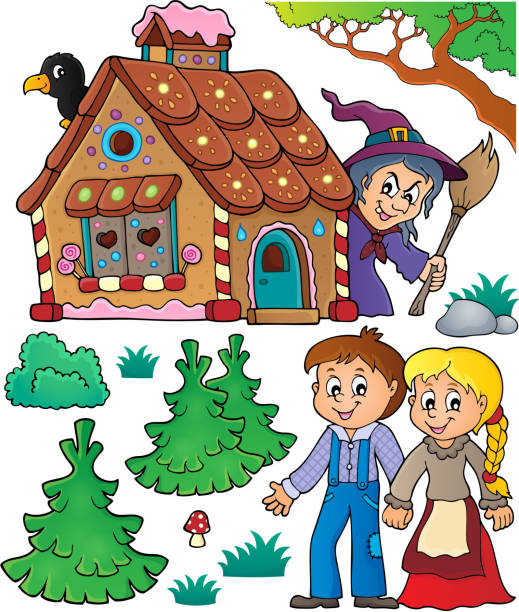 ilustrações, clipart, desenhos animados e ícones de hansel e gretel tema conjunto 1 - fairy tale house witch candy