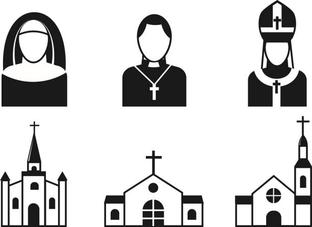 Christianity religion flat icons vector illustration of traditional holy religious black silhouette praying people Christianity religion flat icons vector illustration of traditional holy candle silhouette praying people character design. Faith priest church religious architecture. nun praying cross human hand stock illustrations