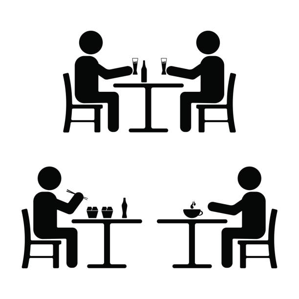 strichmännchen festgelegt. essen, trinken, meeting-symbol - kaffe auf glastisch stock-grafiken, -clipart, -cartoons und -symbole