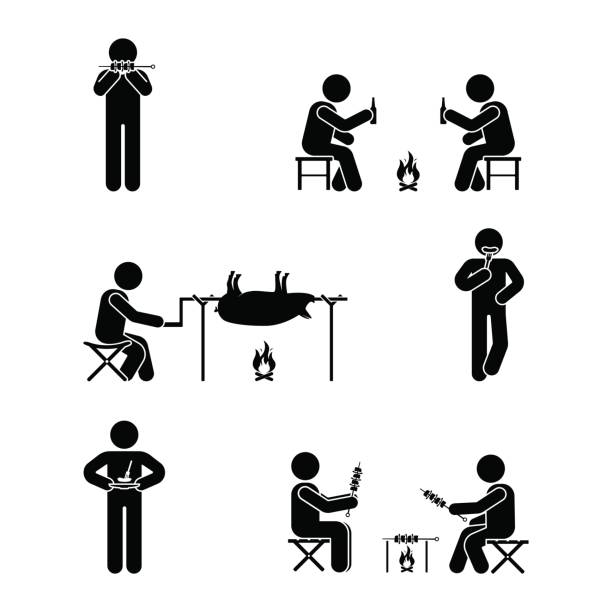 strichmännchen-picknick-set. vektor-illustration von grill-position-piktogramm - sausage grilled isolated single object stock-grafiken, -clipart, -cartoons und -symbole