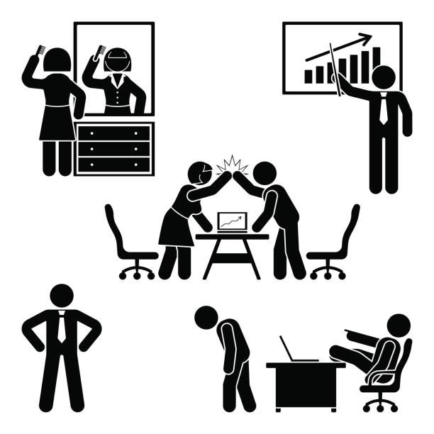 ilustrações de stock, clip art, desenhos animados e ícones de stick figure office poses set. business finance workplace support. working, sitting, talking, meeting, training, discussing vector pictogram - cartoon business meeting training