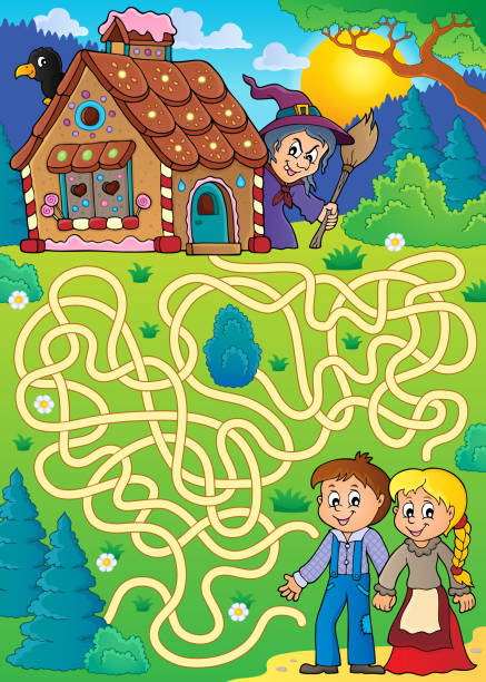 ilustrações, clipart, desenhos animados e ícones de labirinto 30 com tema de hansel e gretel - fairy tale house witch candy