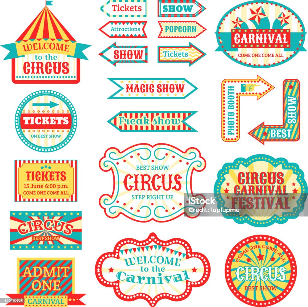 Zirkus Vintage Schild Etiketten Banner Vektor-Illustration isoliert auf weiss unterhaltsame Banner Zeichen - Lizenzfrei Zirkusveranstaltung Vektorgrafik