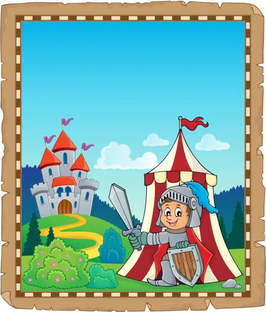 Vector illustration of Parchment with knight by tent theme 2