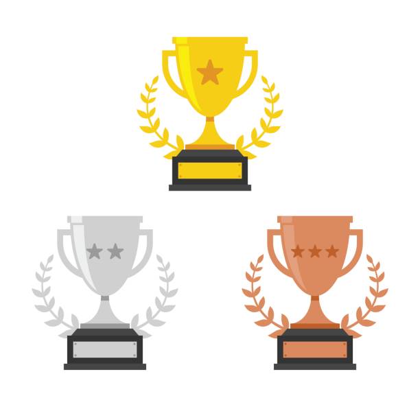 Gold, Silver and Bronze Trophy Cup Gold, Silver and Bronze Trophy Cup. Vector Flat Trophy Icon with stars and laurel wreath bronze alloy stock illustrations