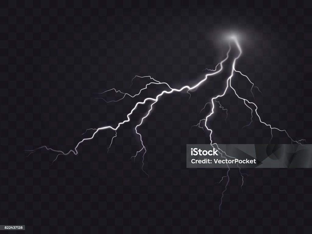 Vector illustration of a realistic style of bright glowing lightning isolated on a dark, natural light effect. Vector illustration of a realistic style of bright glowing lightning isolated on a dark translucent background, natural light effect. Magic white thunderstorm lightning, print, pattern, design element Lightning stock vector