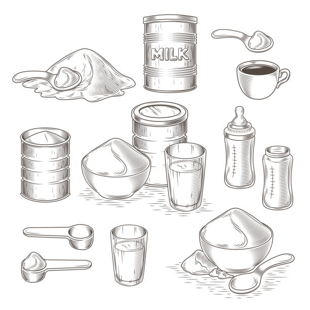 Vector set of cartoon illustration of milk powder Vector set of engraving illustration of milk powder in an aluminum can and poured into a bowl, a glass with prepared instant milk, baby bottle and the addition of milk powder into a cup of tea, coffee flour mill stock illustrations