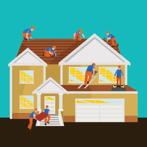Vector illustration of roof construction worker repair home, build structure fixing rooftop tile house with labor equipment, roofer men with work tools in hands outdoors renovation residential vector illustration