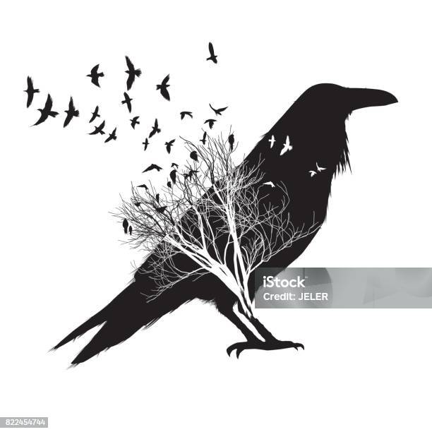 Isolated Raven Double Exposure Trees And Birds Silhouettes On Background Stock Illustration - Download Image Now