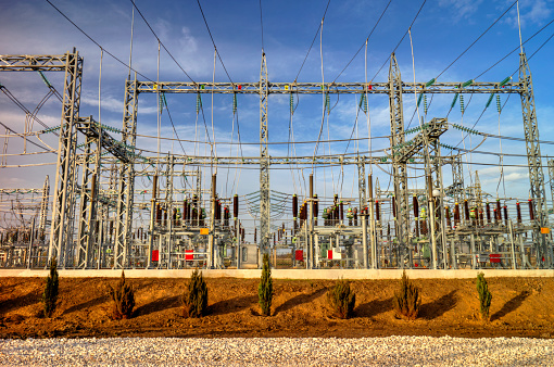 High voltage switchyard in modern electrical substation