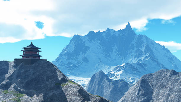 sun temple - buddhist shrine in the himalayas 3d rendering - mountain temple imagens e fotografias de stock