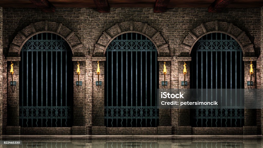 Arches and iron railings Medieval castle arches with iron castle railings.3d illustration. Medieval Stock Photo