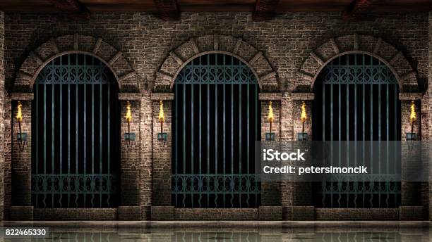 Arches And Iron Railings Stock Photo - Download Image Now - Medieval, Backgrounds, Flaming Torch