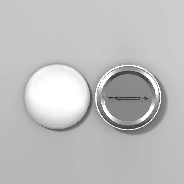 istock Blank white badge pin brooch on grey background, 3d realistic render  illustration for logo and design template. 822470282