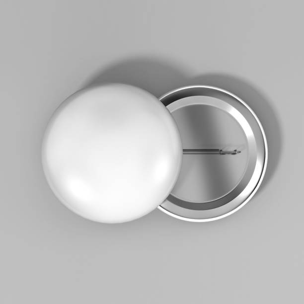 istock Blank white badge pin brooch on grey background, 3d realistic render  illustration for logo and design template. 822470490