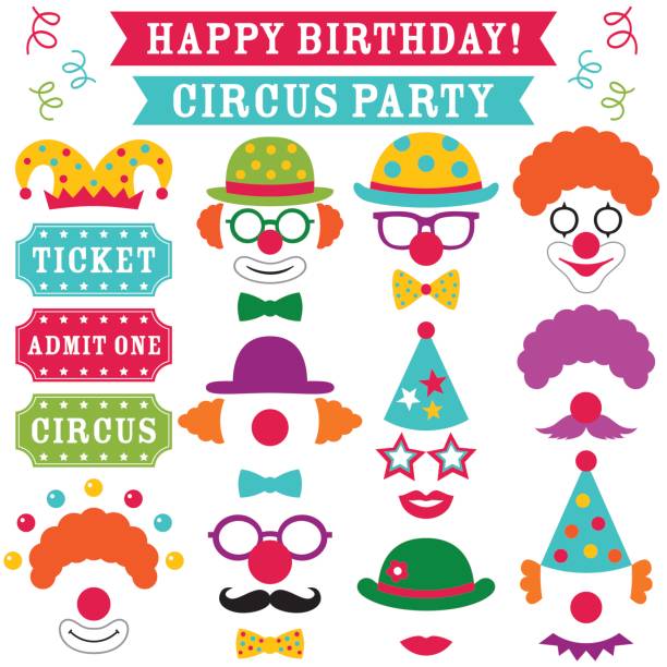 Circus clown party photo booth props (hats, noses, glasses) Circus clown party photo booth props (hats, noses, glasses) clown photos stock illustrations