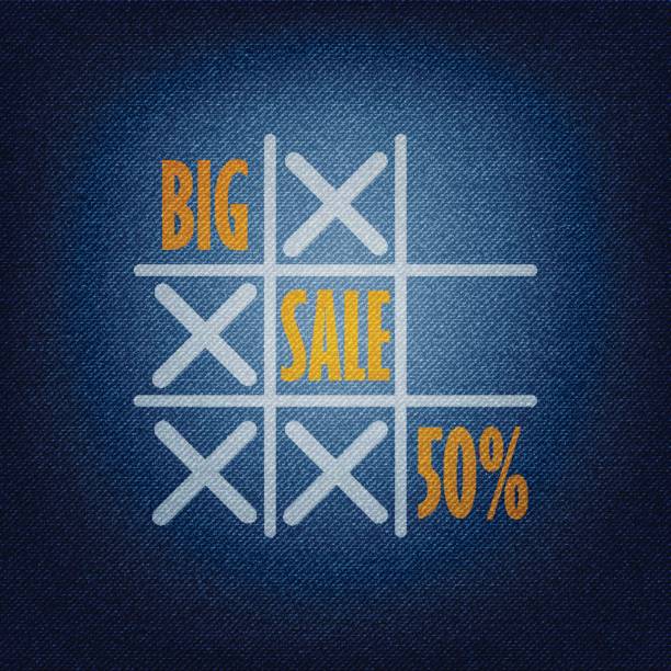 istock Tic tac toe game with word big sale 50% off on blue background denim texture vector concept design illustraion 822474828