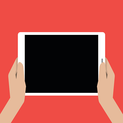 Hands holing tablet computer with a black screen.  Using digital tablet pc. Vector illustration