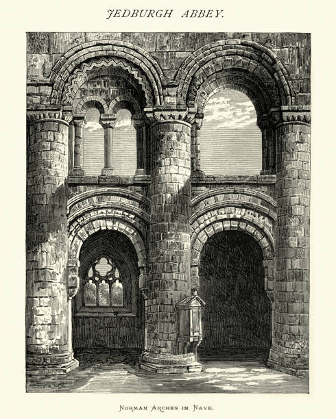 аббатство джедбург, норман арки неф, шотландия, 19 век - nave stock illustrations