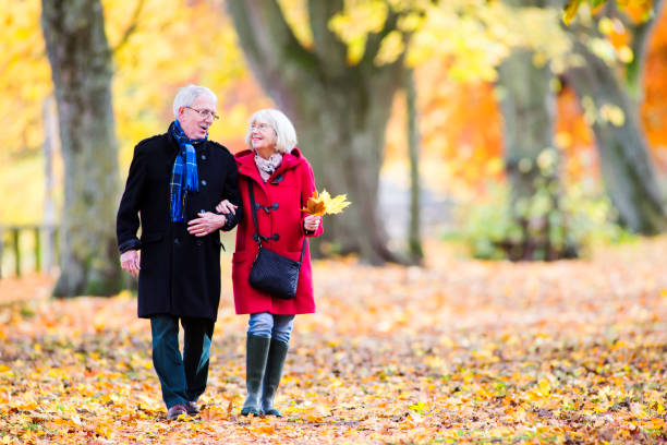 Senior Couple Enjoying Autumn Walk Senior couple are walking together through the autumn woods. The woman is arm in arm with her husband and is carrying leaves. arm in arm stock pictures, royalty-free photos & images