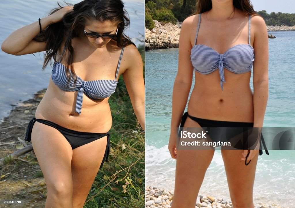 Real before and after weight loss photo Real before and after weight loss photo of womanâs body in bikini. Unprofessional, amateur natural before and after photos, which can be used as illustrative for advertising slimming products Dieting Stock Photo