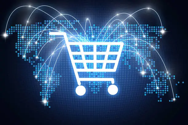 Photo of Shopping cart icon with lines pointing on different places around the globe, online shopping concept