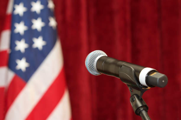Microphone and American Flag stock photo