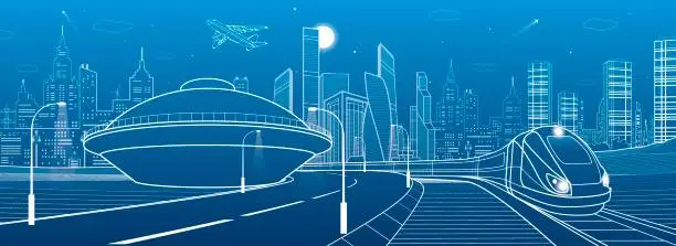 Vector illustration of Infrastructure and transportation panoramic. Train rides. Empty highway. House in the form of a UFO. Towers and skyscrapers. Urban scene, modern city on background. White lines, vector design art