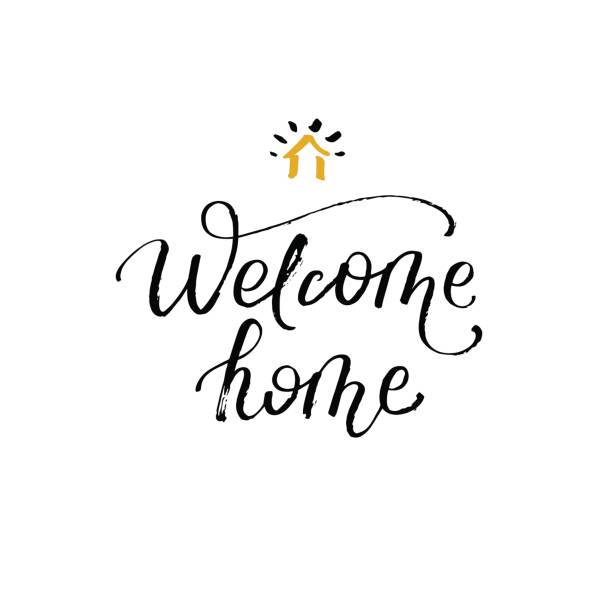 Welcome home. Greeting card with calligraphy. Hand drawn design element. Black and white. Welcome home. Greeting card with brush lettering. Hand drawn design element. Perfect for cards and posters, billboards and photo overlays. welcome calligraphy stock illustrations