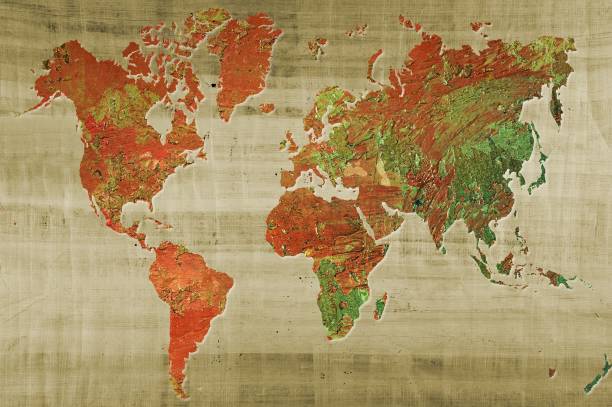 istock World map made with artistic oil colors on papyrus background. 822539346