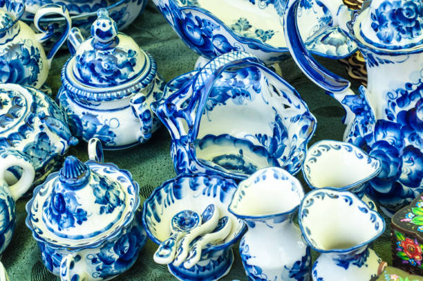 istock Porcelain tea set, ceramic. Painted blue paints, Russian folk art Gzhel 822548954