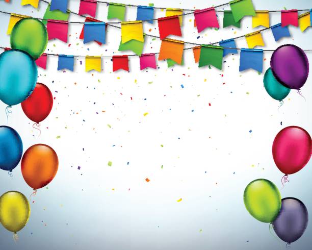 ilustrações, clipart, desenhos animados e ícones de banner de férias vector com confete, guirlandas de bandeiras e multi coloridos balões. - birthday card streamer party balloon