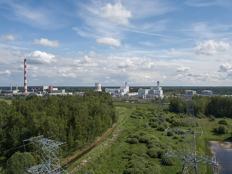 Aerial view of Riga TEC -2 Electricity power station drone top view