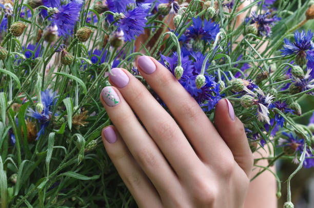 istock Female hands with lilac nail design. 822576512