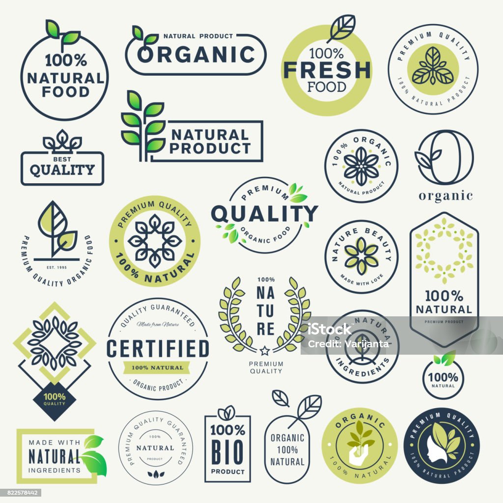 Satz von Etiketten und Aufklebern für Bio-Lebensmittel und Getränke und Naturprodukte - Lizenzfrei Logo Vektorgrafik