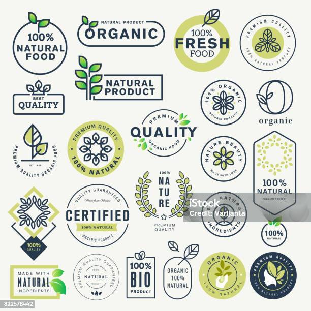 Satz Von Etiketten Und Aufklebern Für Biolebensmittel Und Getränke Und Naturprodukte Stock Vektor Art und mehr Bilder von Logo