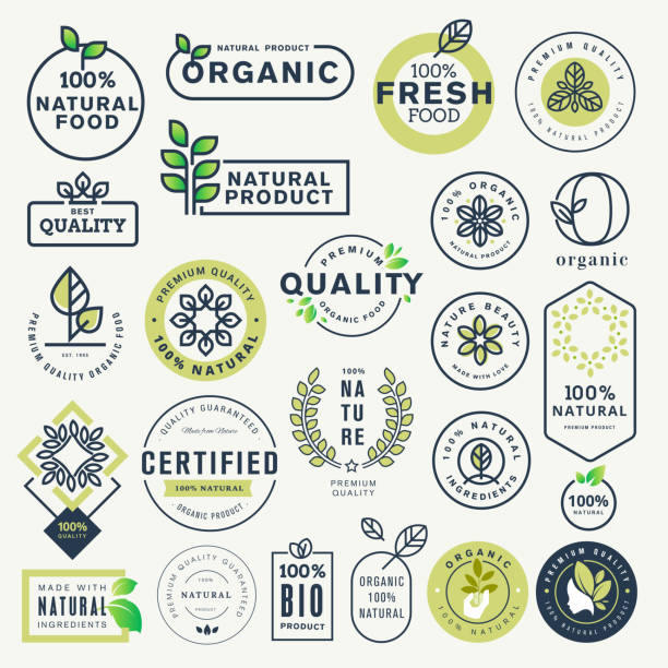 ilustrações de stock, clip art, desenhos animados e ícones de set of labels and stickers for organic food and drink, and natural products - leaf logo