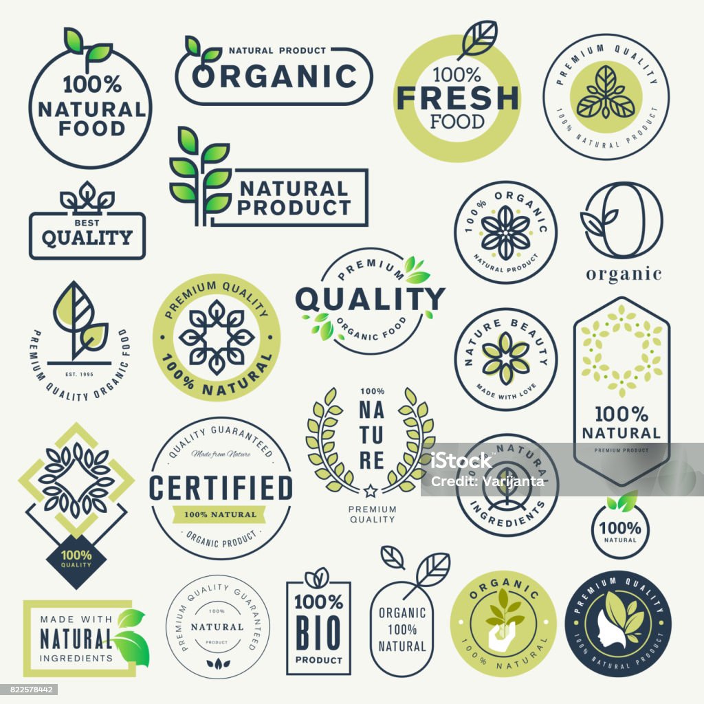 Set of labels and stickers for organic food and drink, and natural products Vector illustration concepts for web design, packaging design, promotional material. Logo stock vector