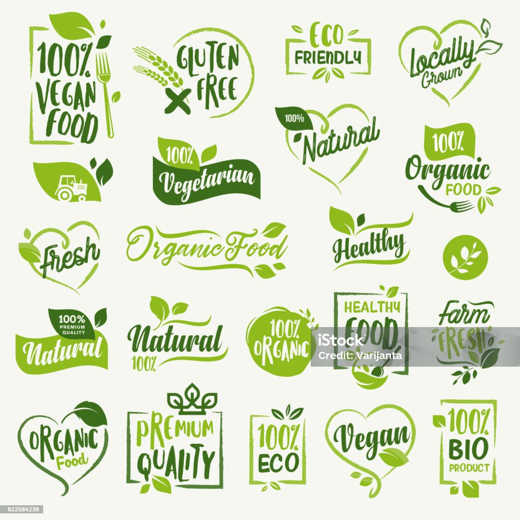 Aliments biologiques, autocollants de produit frais et naturel ferme et collection d’étiquettes pour le marché alimentaire, commerce électronique, promotion de produits biologiques, vie saine et aliment de qualité premium et boisson. - clipart vectoriel de Logo libre de droits