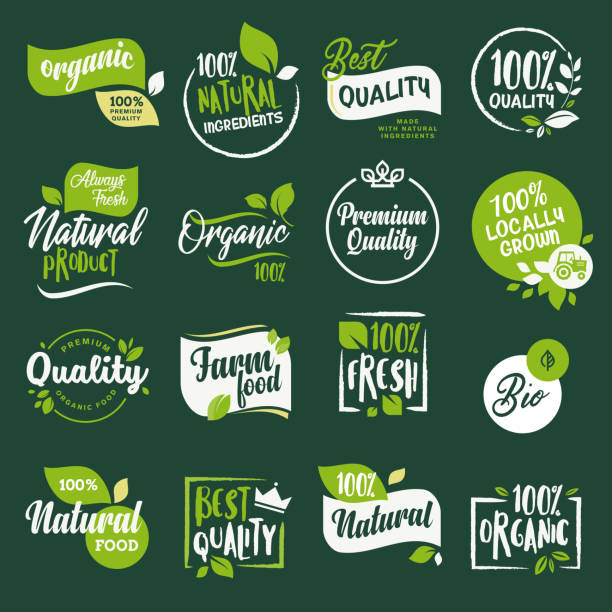 스티커와 유기농 식품 및 음료, 음식에 대 한 배지 세트 저장, 천연 제품, 농장 신선한 식품, 전자 상거래, 건강 한 제품 프로 모션. - 유기농 stock illustrations