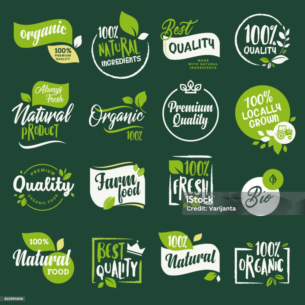 Set of stickers and badges for organic food and drink, restaurant, food store, natural products, farm fresh food,  e-commerce, healthy product promotion. Vector illustration concepts for web design, packaging design, promotional material. Logo stock vector