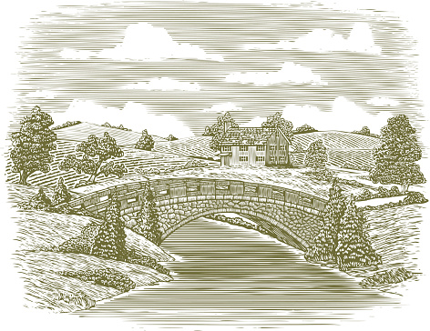Woodcut illustration of a bridge over a stream in a rural country setting.
