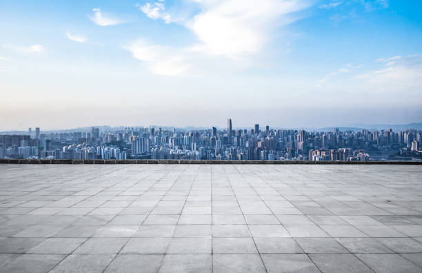 istock Panoramic skyline and buildings with empty concrete square floor 822609956