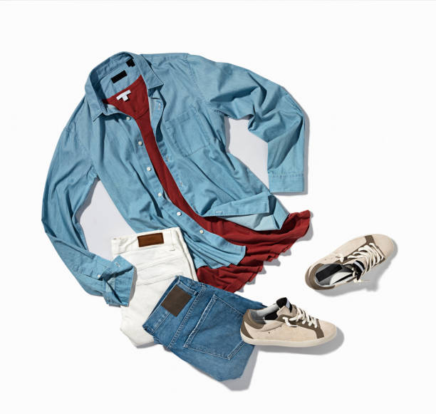 Men’s denim shirt, pants with sneakers isolated on white background (with clipping path)