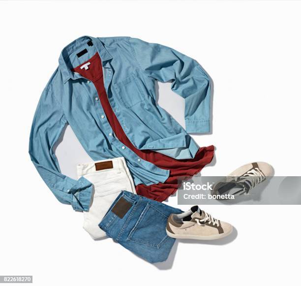 Mens Denim Shirt Pants With Sneakers Stock Photo - Download Image Now - Menswear, Jacket, Studio Shot