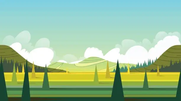 Vector illustration of Horizontal seamless summer landscape. Vector illustration.fits on mobile devices and may be scaled for desktop size. 1920x1080.