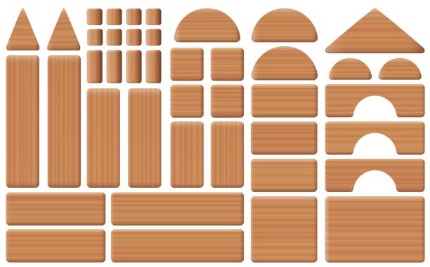 drewniane bloki ków - kolekcja cegieł budowlanych, filarów, łuków i elementów dachowych - wszystkie części o drewnianej fakturze. izolowana ilustracja wektorowa na białym tle. - wood toy block tower stock illustrations