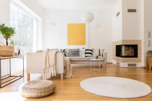 Spacious white and wooden living room with modern fireplace and sofa