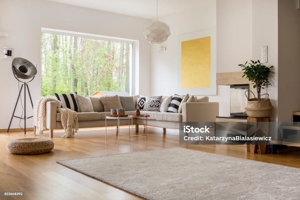 Open space in apartment Open space in modern decorated apartment with white sofa Carpet - Decor Stock Photo